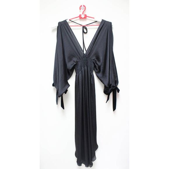 Misa LA Black Byanca Satin Kimono Bow Cold Shoulder Wide Leg Jumpsuit Size XS - Picture 2 of 6